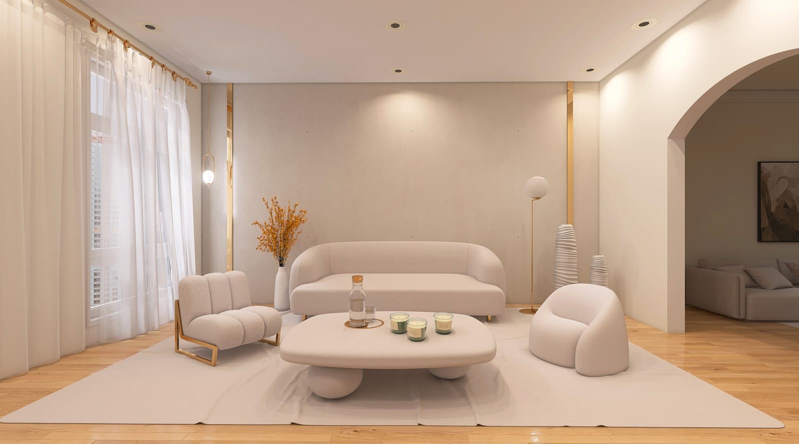 Living contemporáneo con sillón curvo y mesa ratona de madera